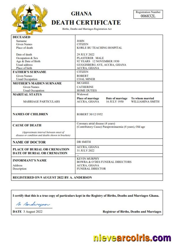 Ghana vital record death certificate